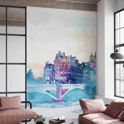 Tapet cu imagine a orasului Edinburgh in timpul iernii, cu culori pastelate si o atmosfera relaxanta, perfect pentru living, dormitor sau orice alt spatiu pe care vrei sa-l personalizezi.