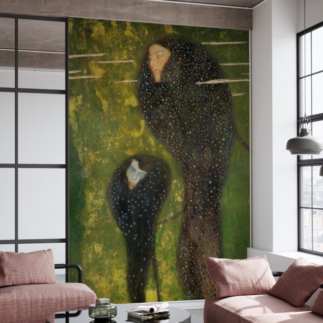 Tapet de perete cu o imagine a sirenelor inspirată din picturile lui Gustav Klimt.