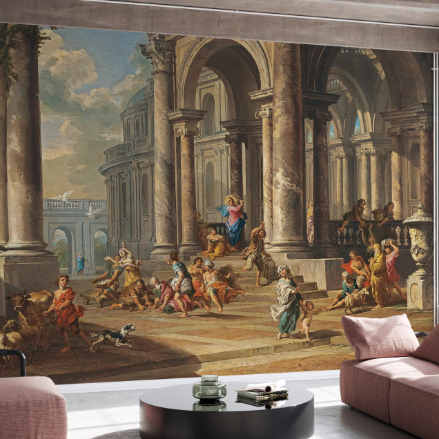 A wallpaper depicting the Cleansing of the Temple by Gian Paolo Panini