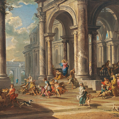 A wallpaper depicting the Cleansing of the Temple by Gian Paolo Panini