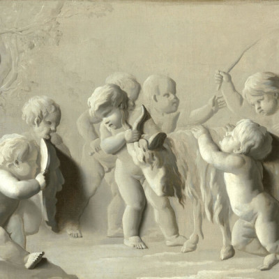 Wallpaper with painting of children playing by Jacob de Wit
