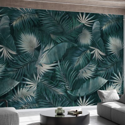 Tapet cu frunze tropicale verzi, ideal pentru un design interior modern și exotic