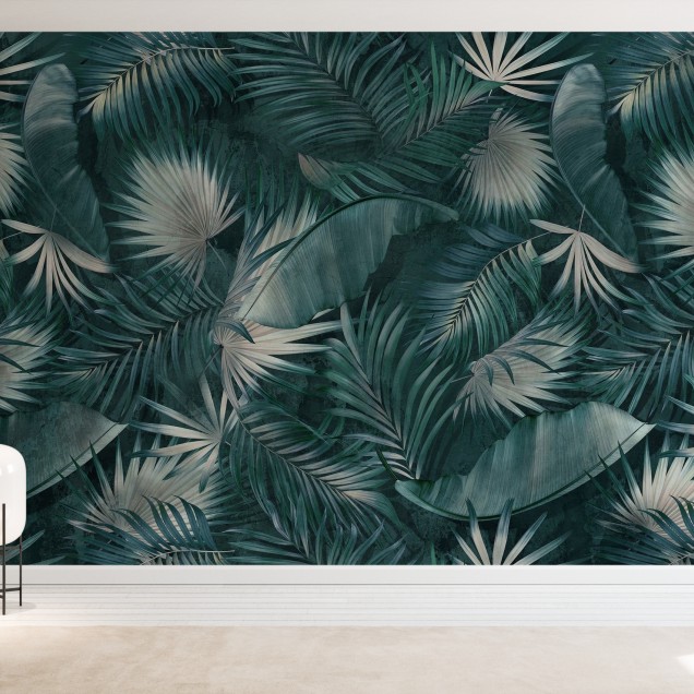 Tapet cu frunze tropicale verzi, ideal pentru un design interior modern și exotic