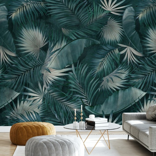 Tapet cu frunze tropicale verzi, ideal pentru un design interior modern și exotic