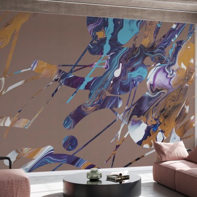 Tapet abstract modern cu culori vibrante, cu nuanțe de auriu, albastru, purpuriu și alb.