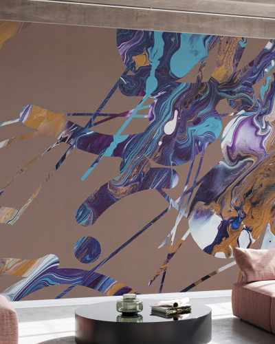 Tapet abstract modern cu culori vibrante, cu nuanțe de auriu, albastru, purpuriu și alb.