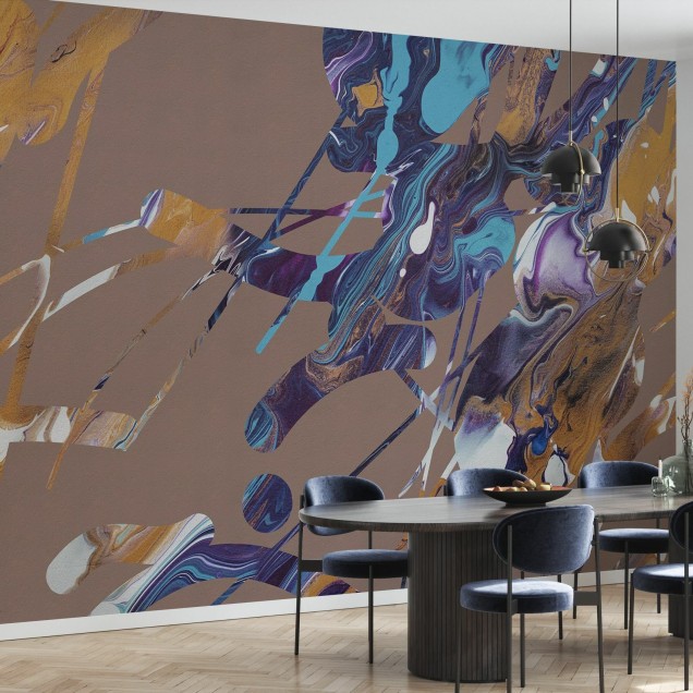 Tapet abstract modern cu culori vibrante, cu nuanțe de auriu, albastru, purpuriu și alb.