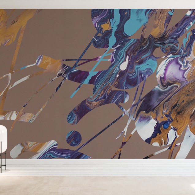 Tapet abstract modern cu culori vibrante, cu nuanțe de auriu, albastru, purpuriu și alb.