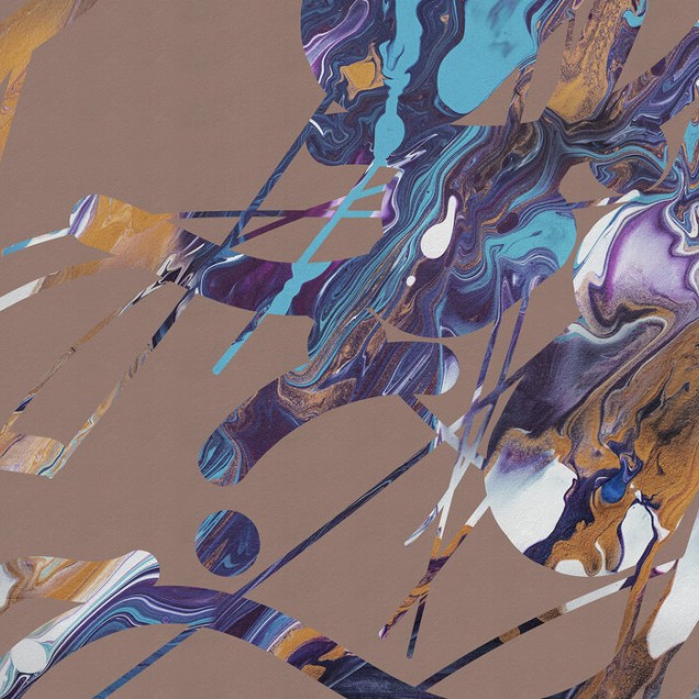 Tapet abstract modern cu culori vibrante, cu nuanțe de auriu, albastru, purpuriu și alb.