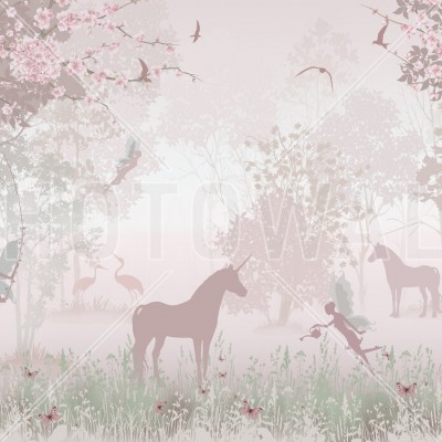 Fototapet cu unicorni și zâne într-o cameră de copii decorată