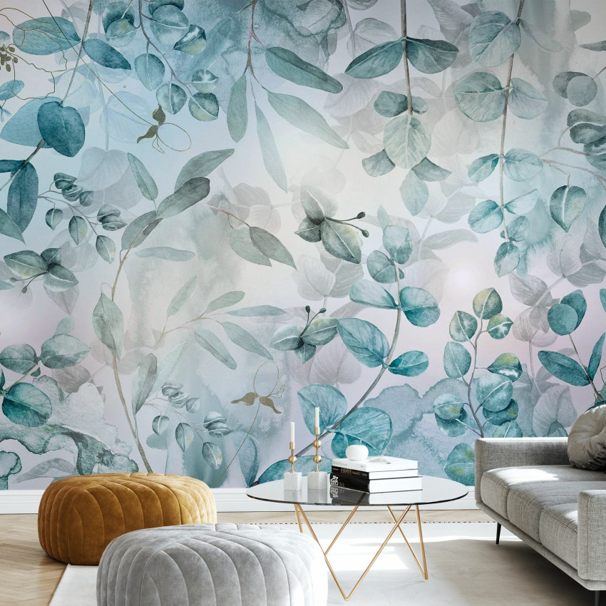 Tapet cu design modern, Misty Dark Green Leafs, cu frunze in nuante de verde si gri, montat intr-un living