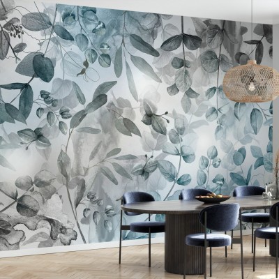 Tapet cu design modern, Misty Dark Green Leafs, cu frunze in nuante de verde si gri, montat intr-un living