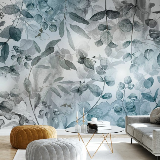 Tapet cu design modern, Misty Dark Green Leafs, cu frunze in nuante de verde si gri, montat intr-un living