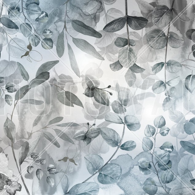 Tapet cu design modern, Misty Dark Green Leafs, cu frunze in nuante de verde si gri, montat intr-un living