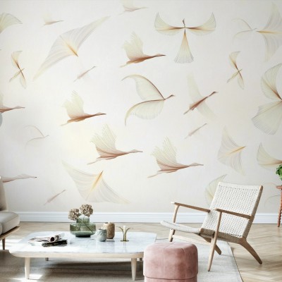 Dreamy Birds tapet cu păsări delicate în nuanțe de bej și maro