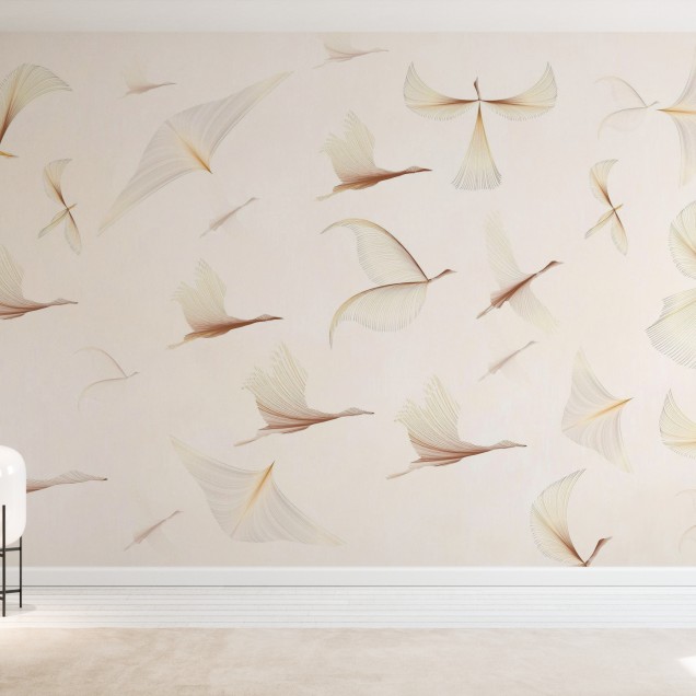 Dreamy Birds tapet cu păsări delicate în nuanțe de bej și maro
