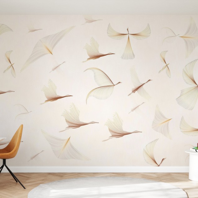 Dreamy Birds tapet cu păsări delicate în nuanțe de bej și maro