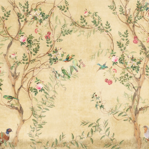 Tapet floral Pretty Birds in Branches cu păsări colorate pe un fundal vintage