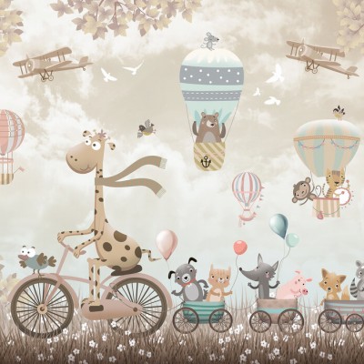 Tapet camera copilului cu animale drăguțe care se plimbă cu balonul cu aer cald și cu bicicleta.