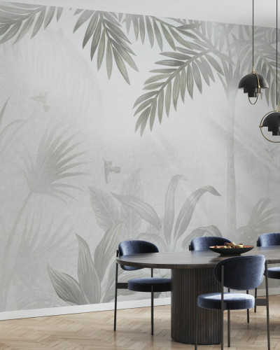 Tapet cu frunze de palmier, Foggy Jungle Bleached