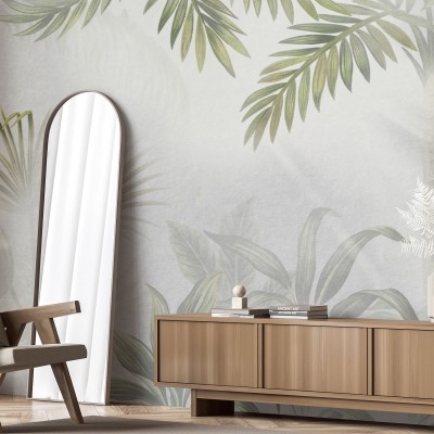 Tapet Foggy Jungle, Olive, cu un design tropical cu frunze de palmier și accente de verde vibrant.