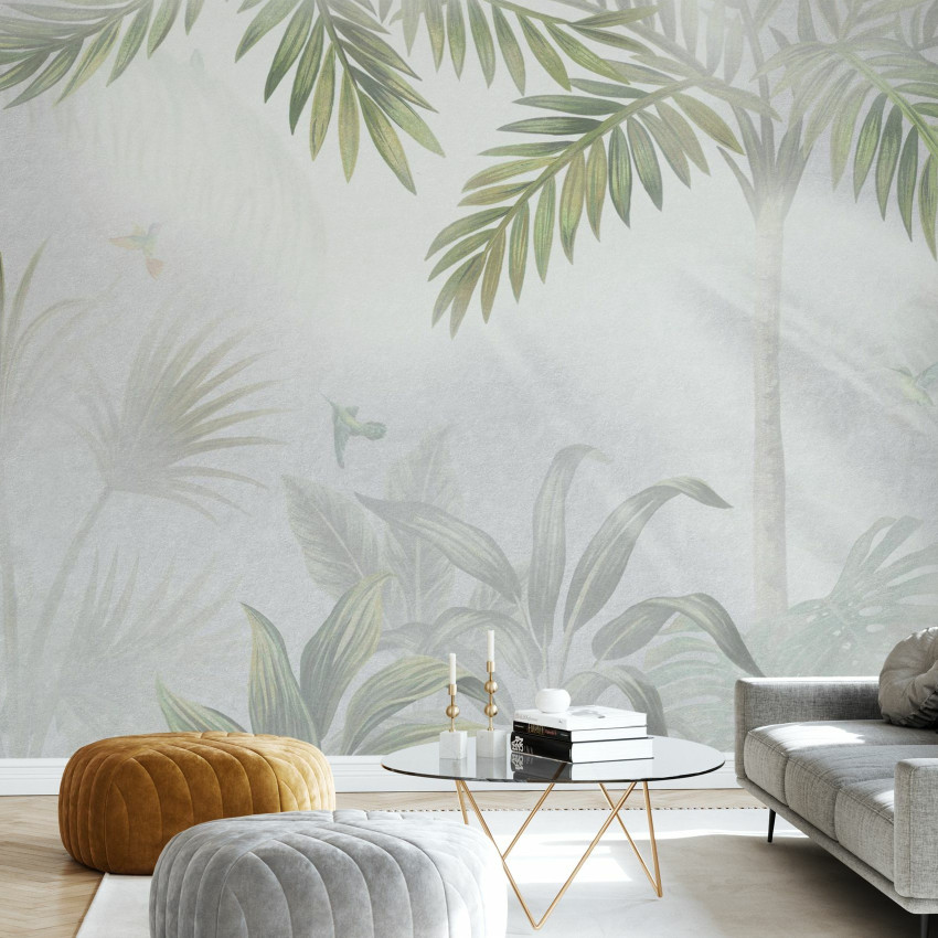 Tapet cu frunze de palmier, Foggy Jungle Bleached