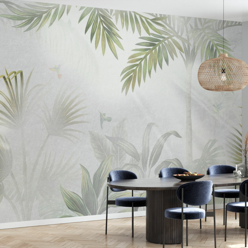 Tapet cu frunze de palmier, Foggy Jungle Bleached