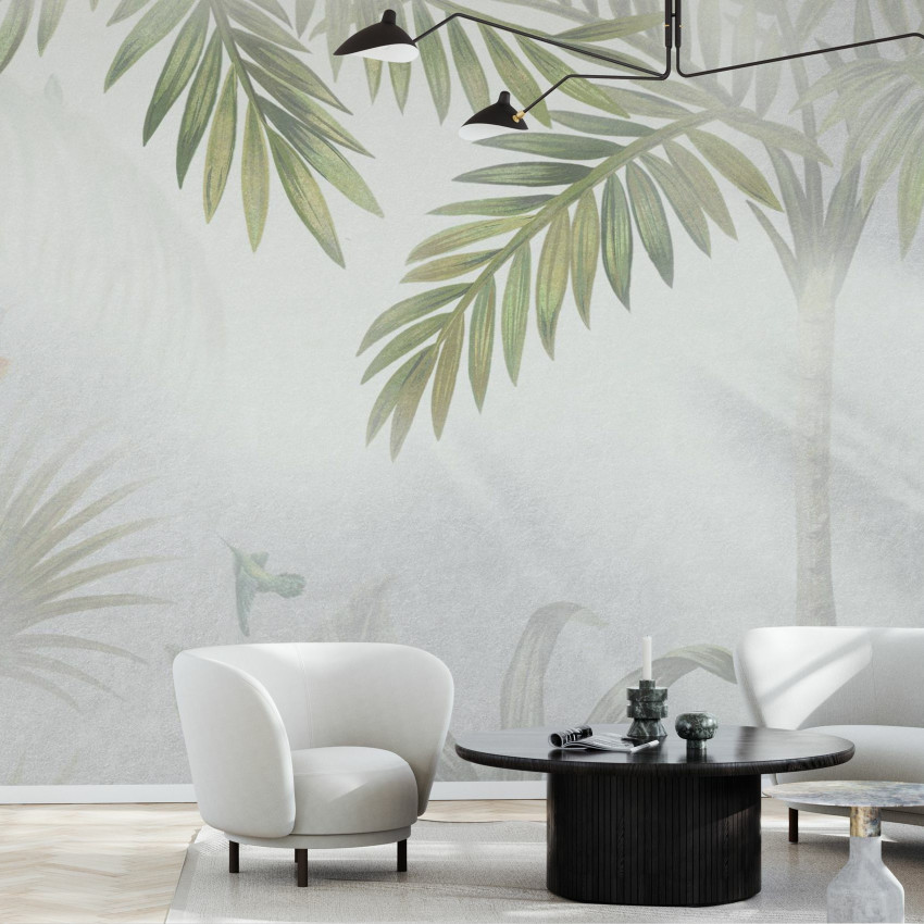 Tapet cu frunze de palmier, Foggy Jungle Bleached