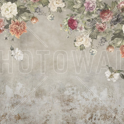 Fototapet floral vintage cu bujori și trandafiri pe fundal texturat