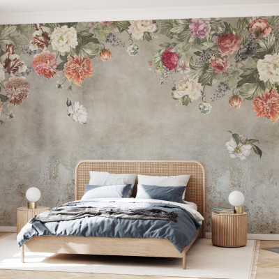 Fototapet floral vintage cu bujori și trandafiri pe fundal texturat