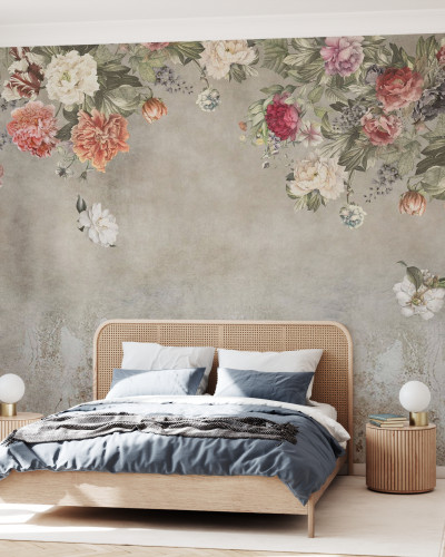Fototapet floral vintage cu bujori și trandafiri pe fundal texturat