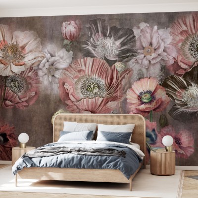 Tapet floral cu flori mari roz, crem si gri, in stil romantic, in dormitor