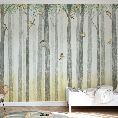 Tapet cu păsări în copaci, design minimalist cu culori pastelate