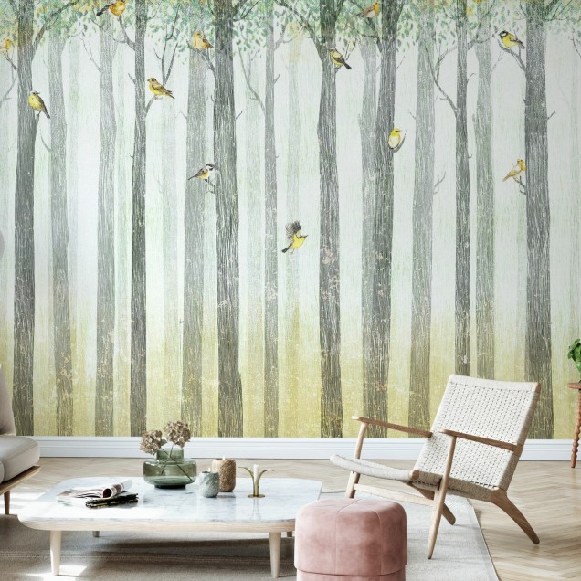 Tapet cu păsări în copaci, design minimalist cu culori pastelate