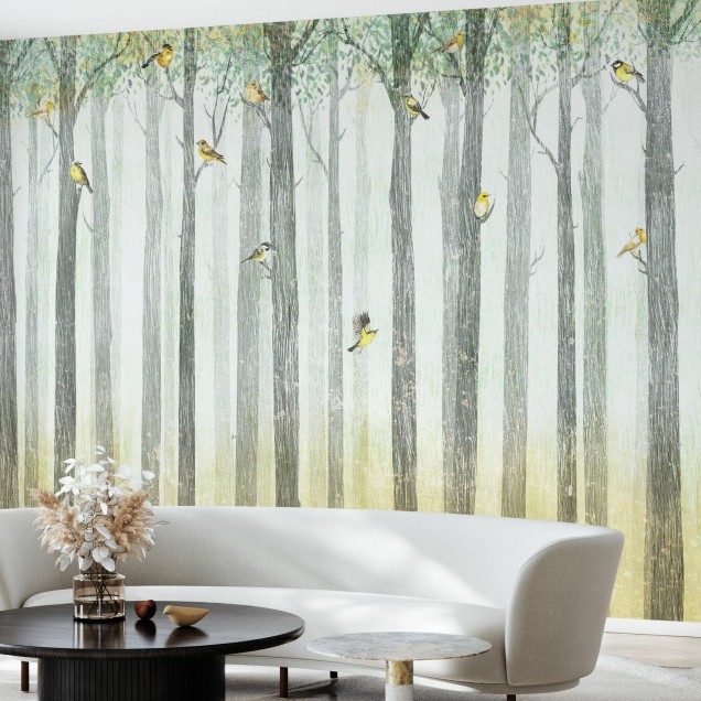 Tapet cu păsări în copaci, design minimalist cu culori pastelate