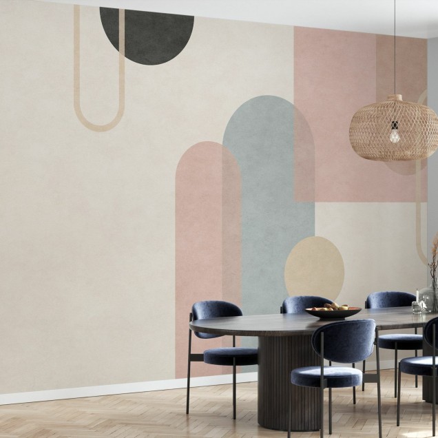 Tapet cu design geometric modern, forme abstracte, tonuri pastelate, pentru decorul livingului, dormitorului sau biroului.