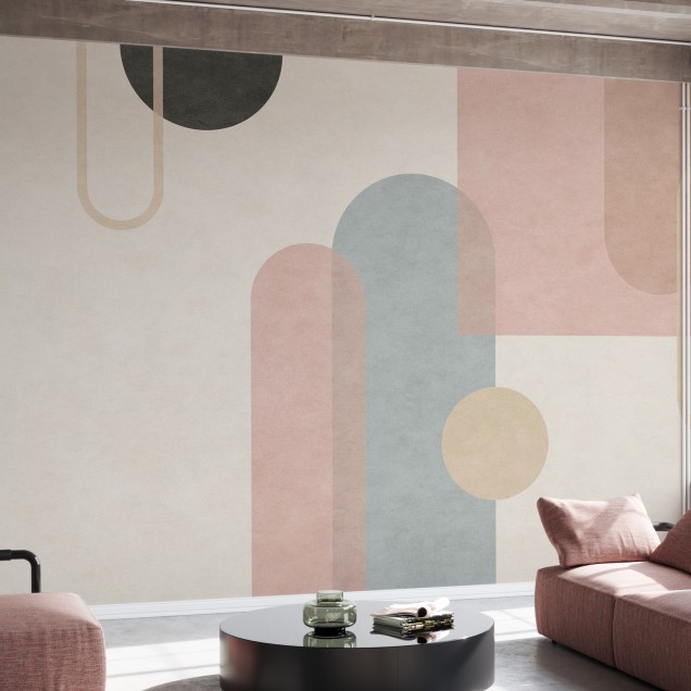 Tapet cu design geometric modern, forme abstracte, tonuri pastelate, pentru decorul livingului, dormitorului sau biroului.