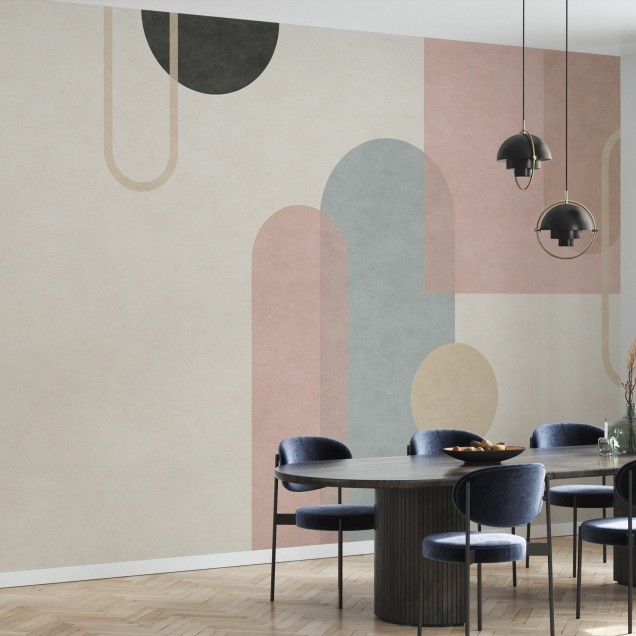 Tapet cu design geometric modern, forme abstracte, tonuri pastelate, pentru decorul livingului, dormitorului sau biroului.