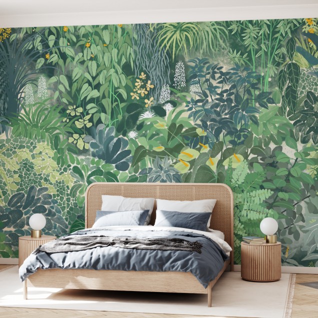 Tapet cu plante tropicale în nuanțe de verde și albastru