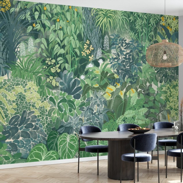 Tapet cu plante tropicale în nuanțe de verde și albastru
