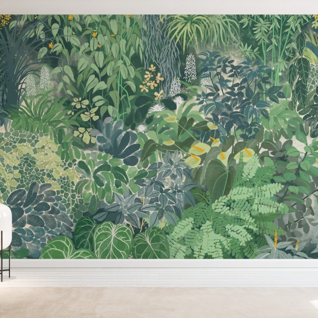 Tapet cu plante tropicale în nuanțe de verde și albastru