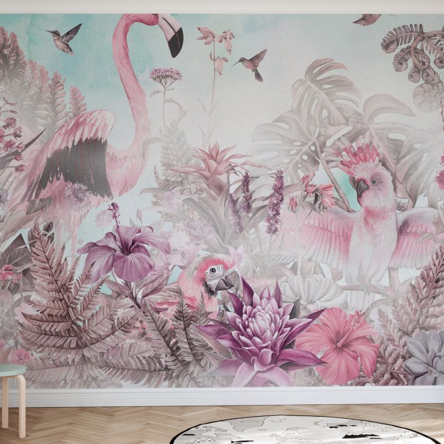 Tapet cu flamingo roz, papagal roz si flori exotice
