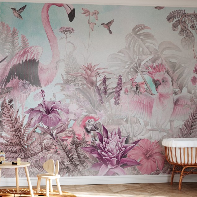 Tapet cu flamingo roz, papagal roz si flori exotice