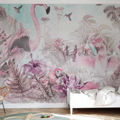 Tapet cu flamingo roz, papagal roz si flori exotice