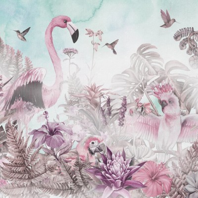Tapet cu flamingo roz, papagal roz si flori exotice