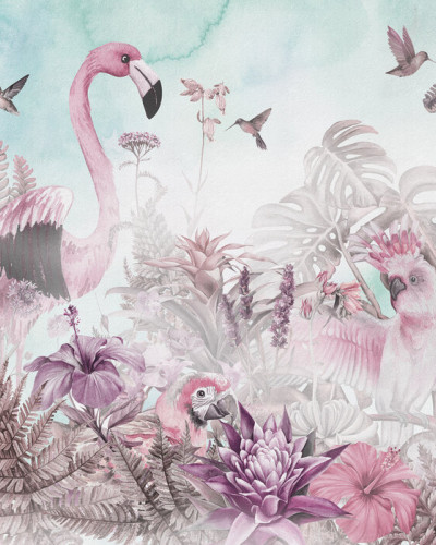 Tapet cu flamingo roz, papagal roz si flori exotice