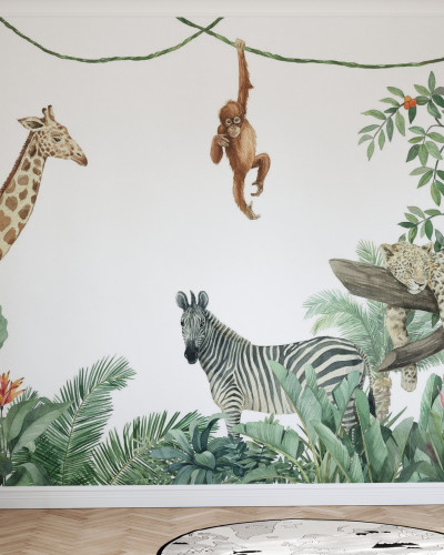 Tapet cu imaginea unei jungle cu girafe, zebre, maimuțe și leoparzi, perfect pentru camera copiilor.