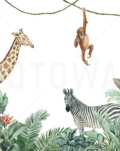 Tapet cu imaginea unei jungle cu girafe, zebre, maimuțe și leoparzi, perfect pentru camera copiilor.
