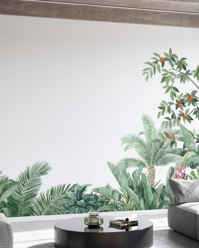 Tapet Tropical Arrangement, cu frunze verzi și flori exotice, perfect pentru a adăuga un strop de culoare și viață spațiului dumneavoastră.
