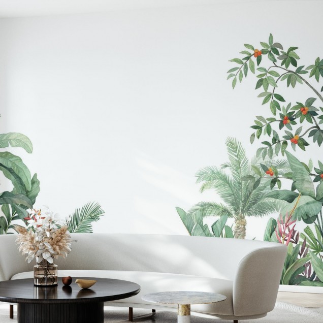 Tapet Tropical Arrangement, cu frunze verzi și flori exotice, perfect pentru a adăuga un strop de culoare și viață spațiului dumneavoastră.